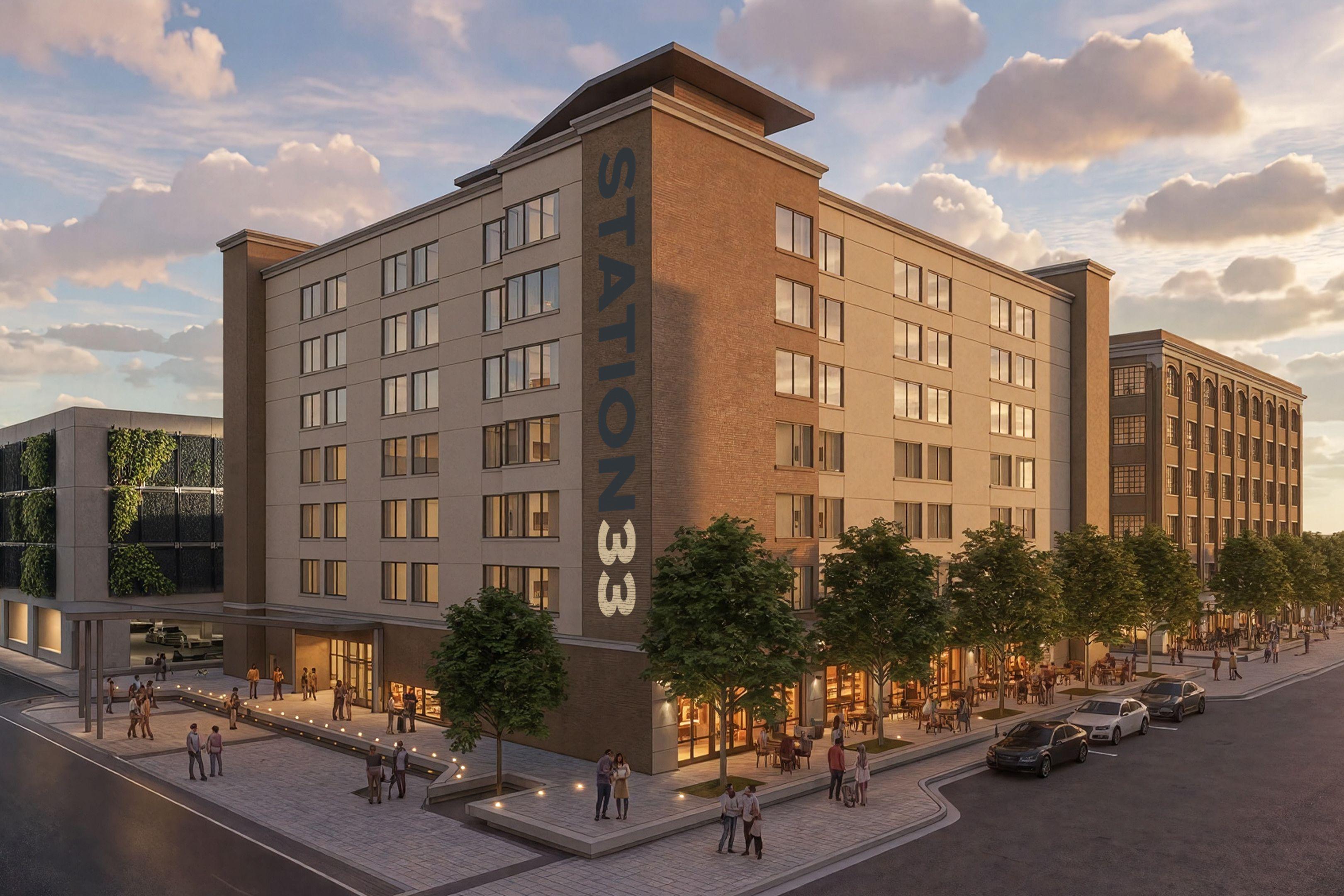 Street-level rendering of the seven-story hotel building at Station33