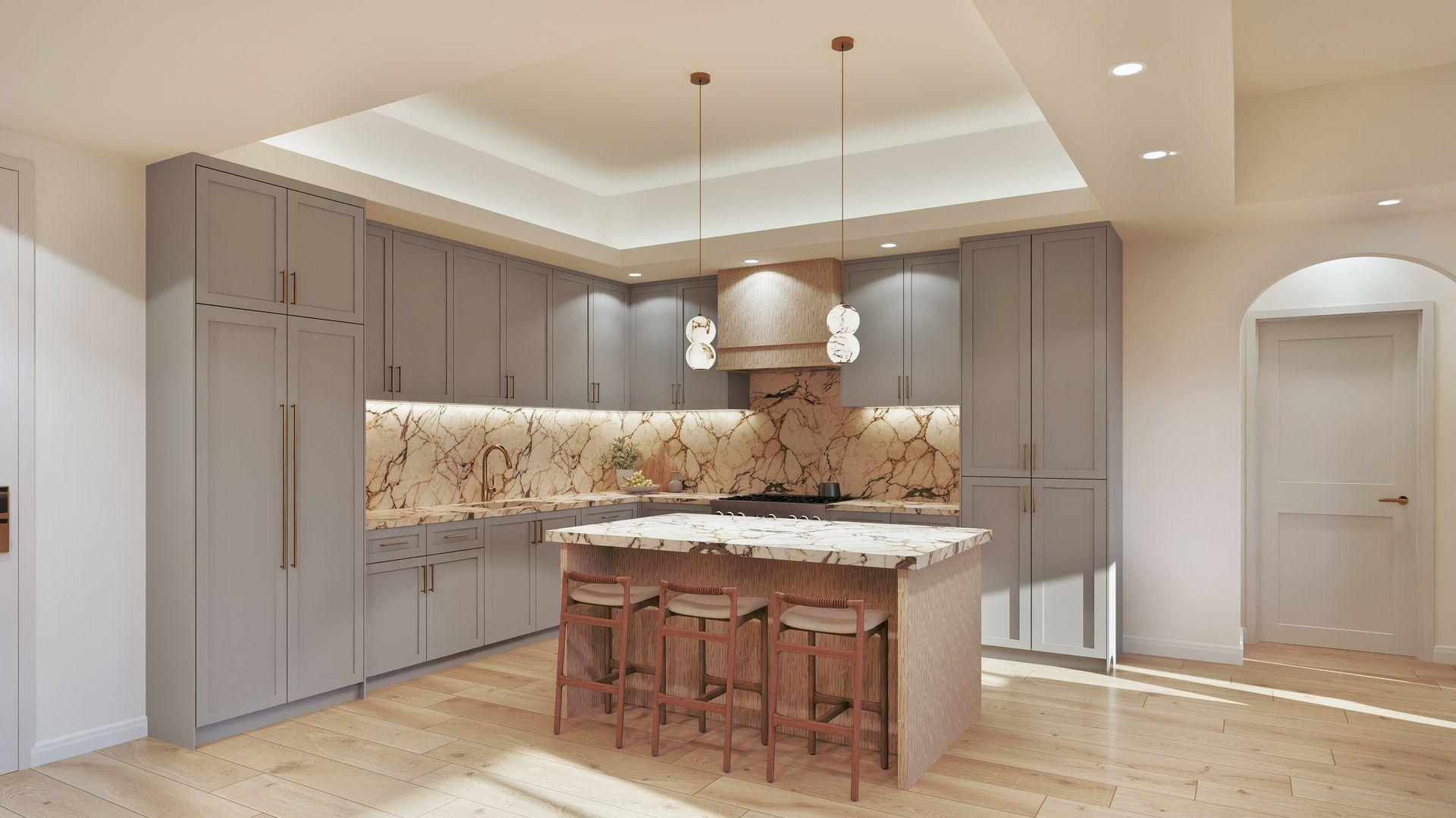 Kitchen with quartz island and natural-stone backsplash