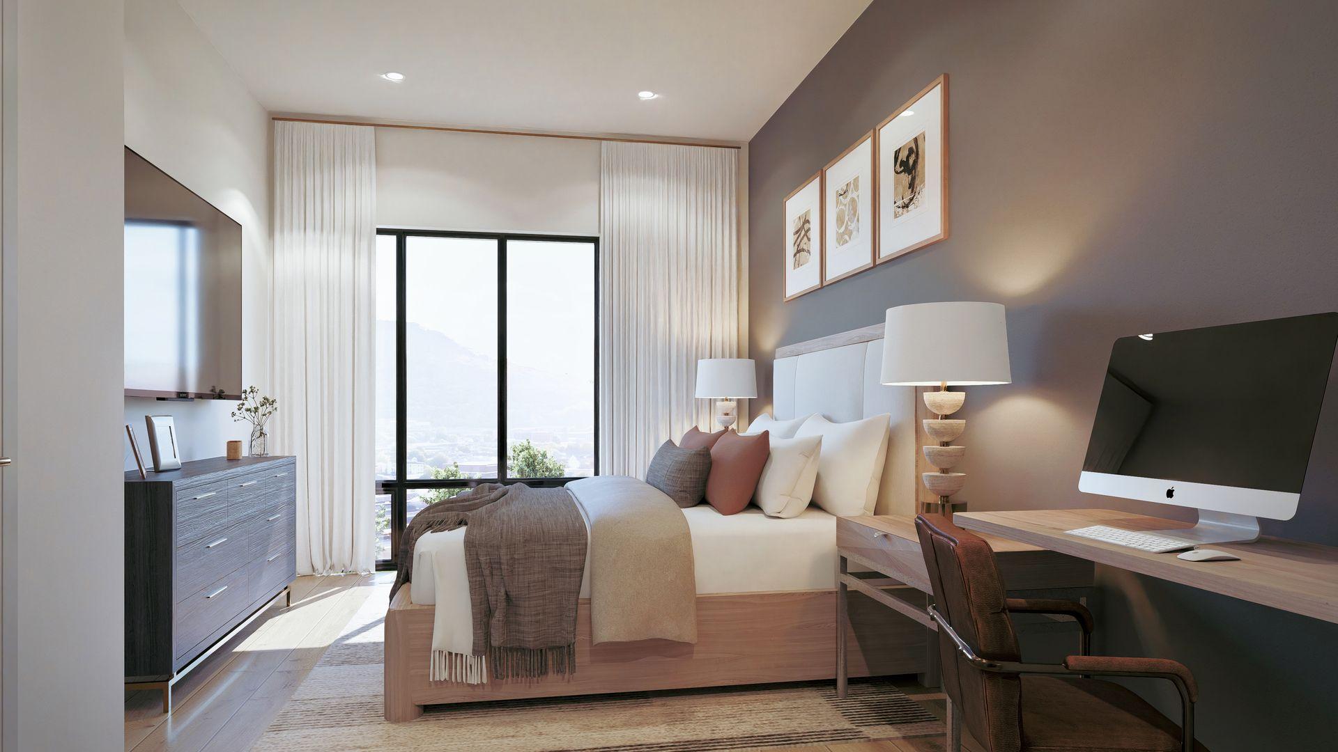Bedroom with mountain view rendering