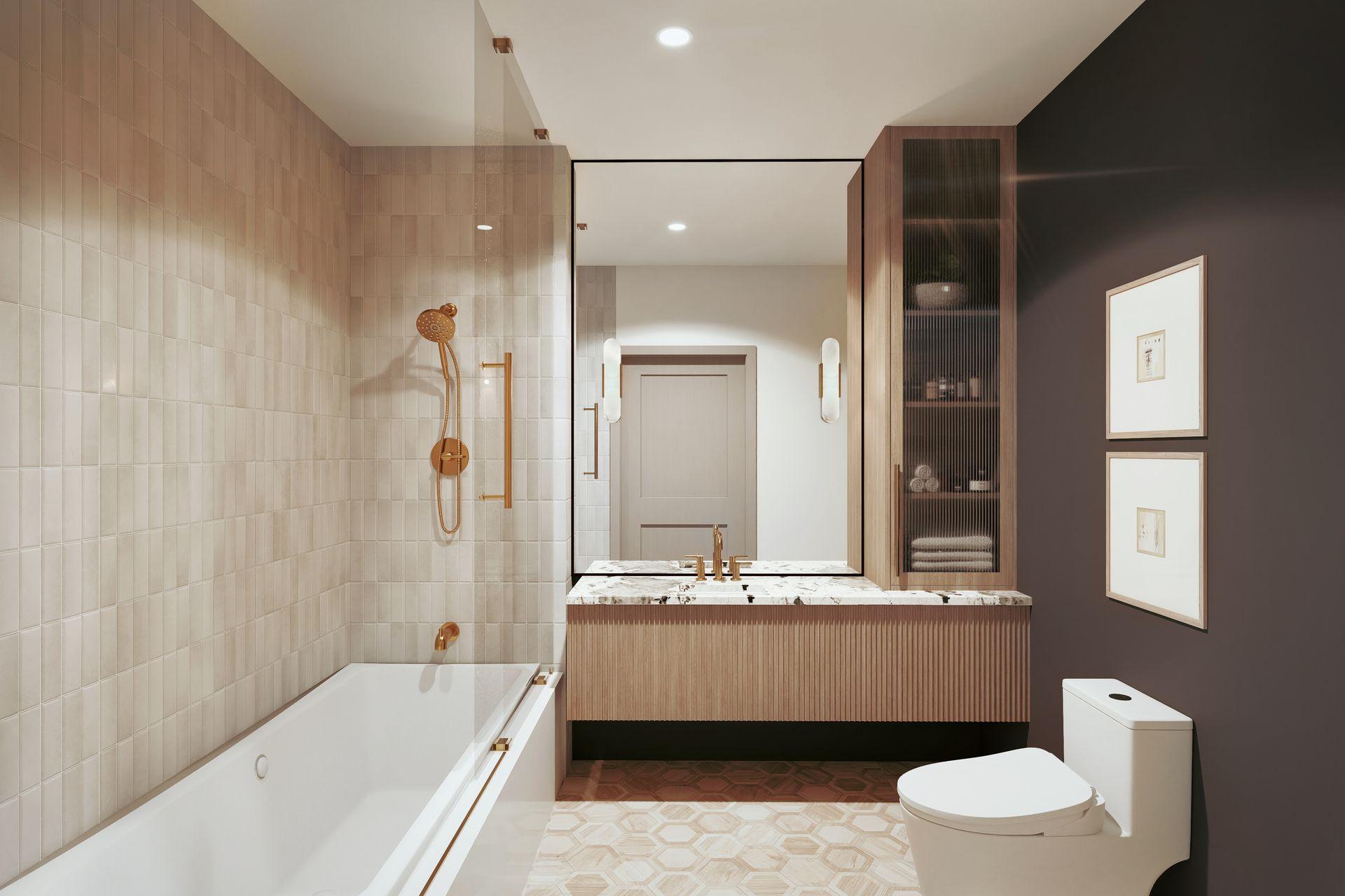 Spa-style bathroom with a soaking tub and walk-in shower