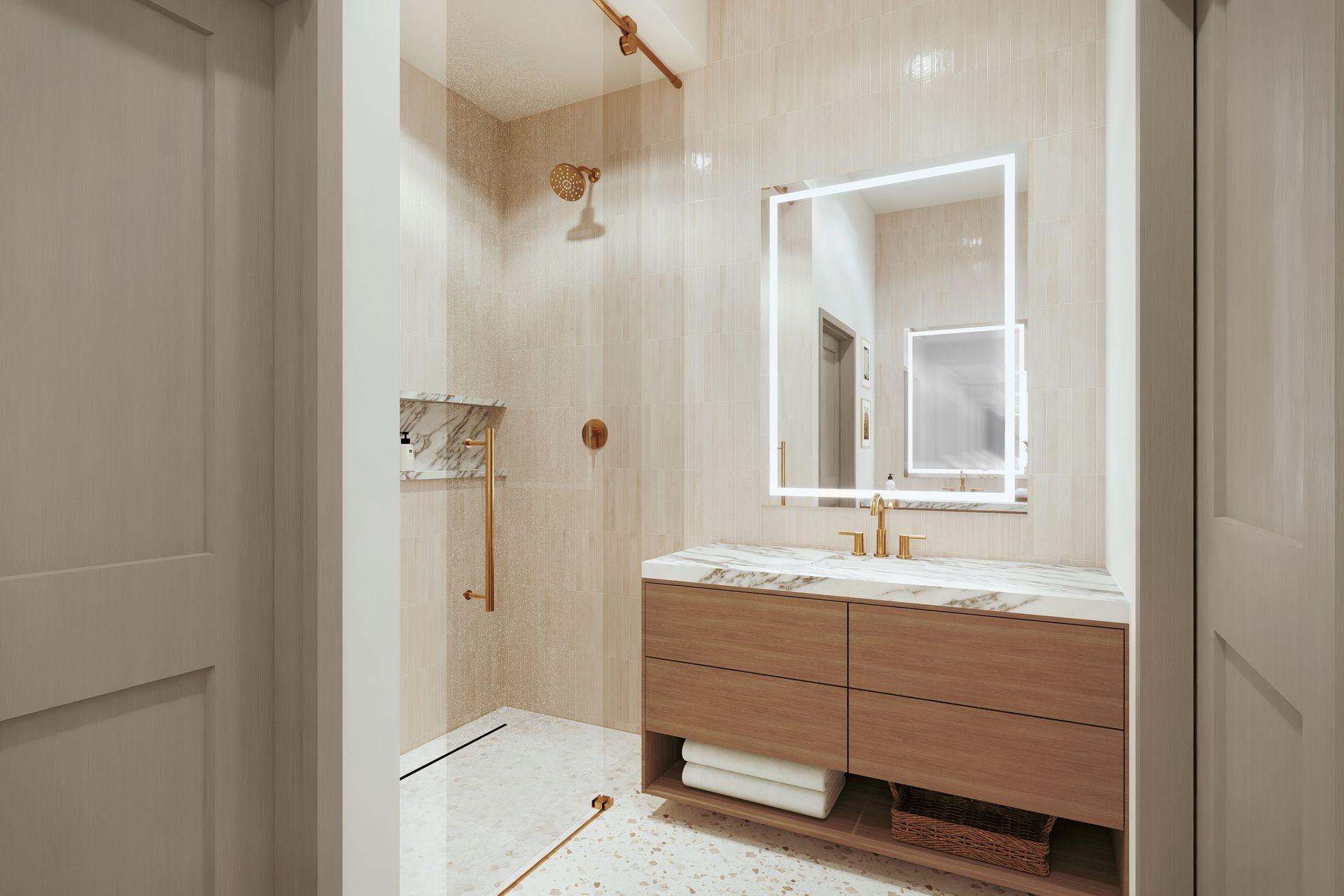 Bathroom with a walk-in shower and floating wood vanity