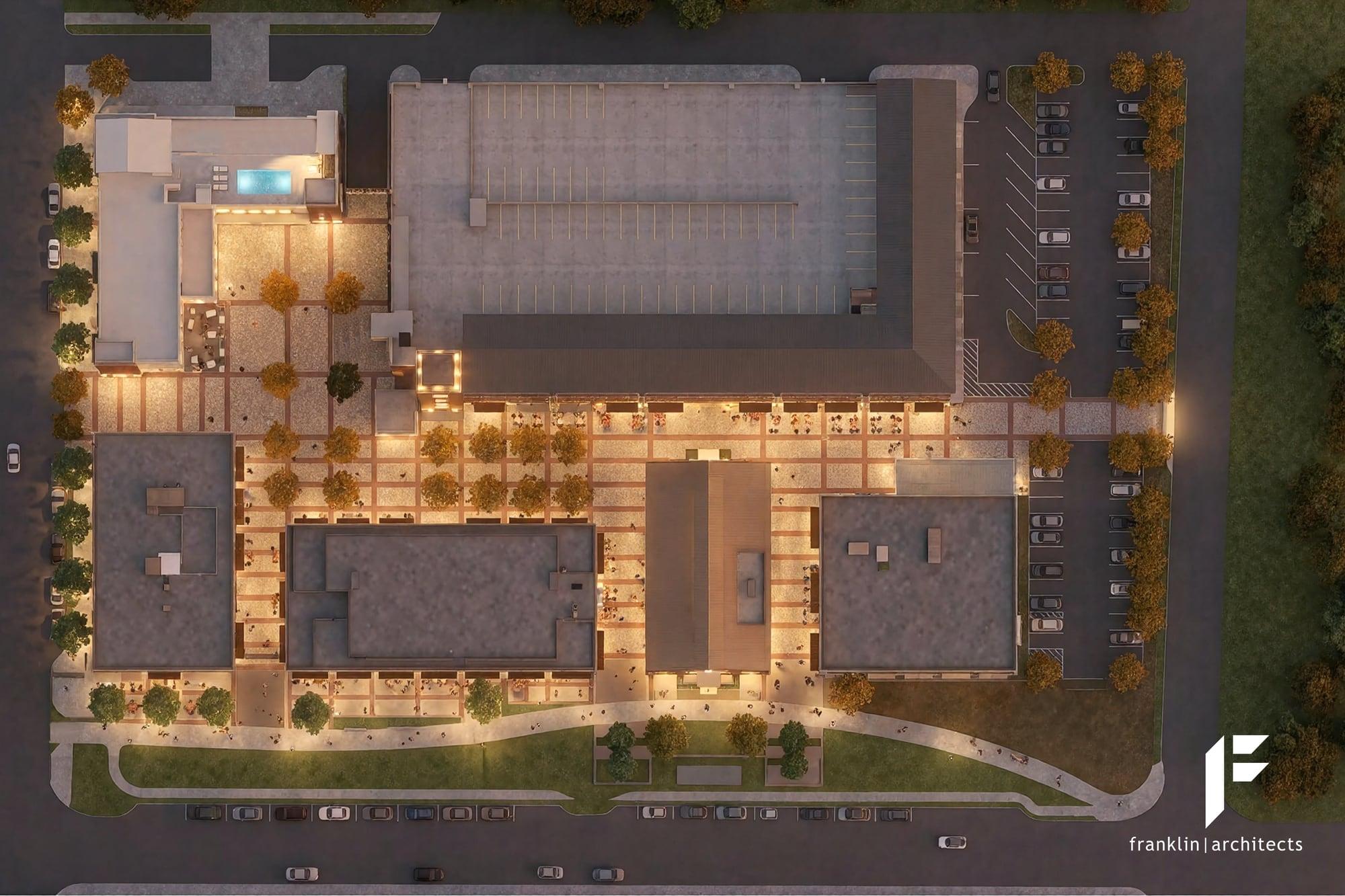 Station33 master site plan, aerial top-down view at dusk