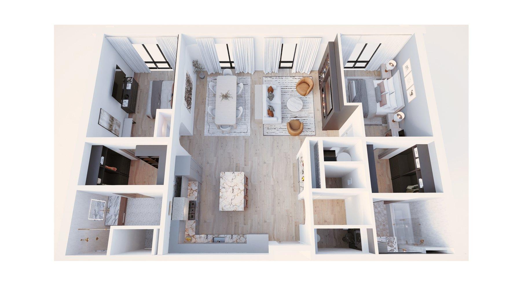 Station33 two-bedroom, two-bath condo floor plan, aerial dollhouse view